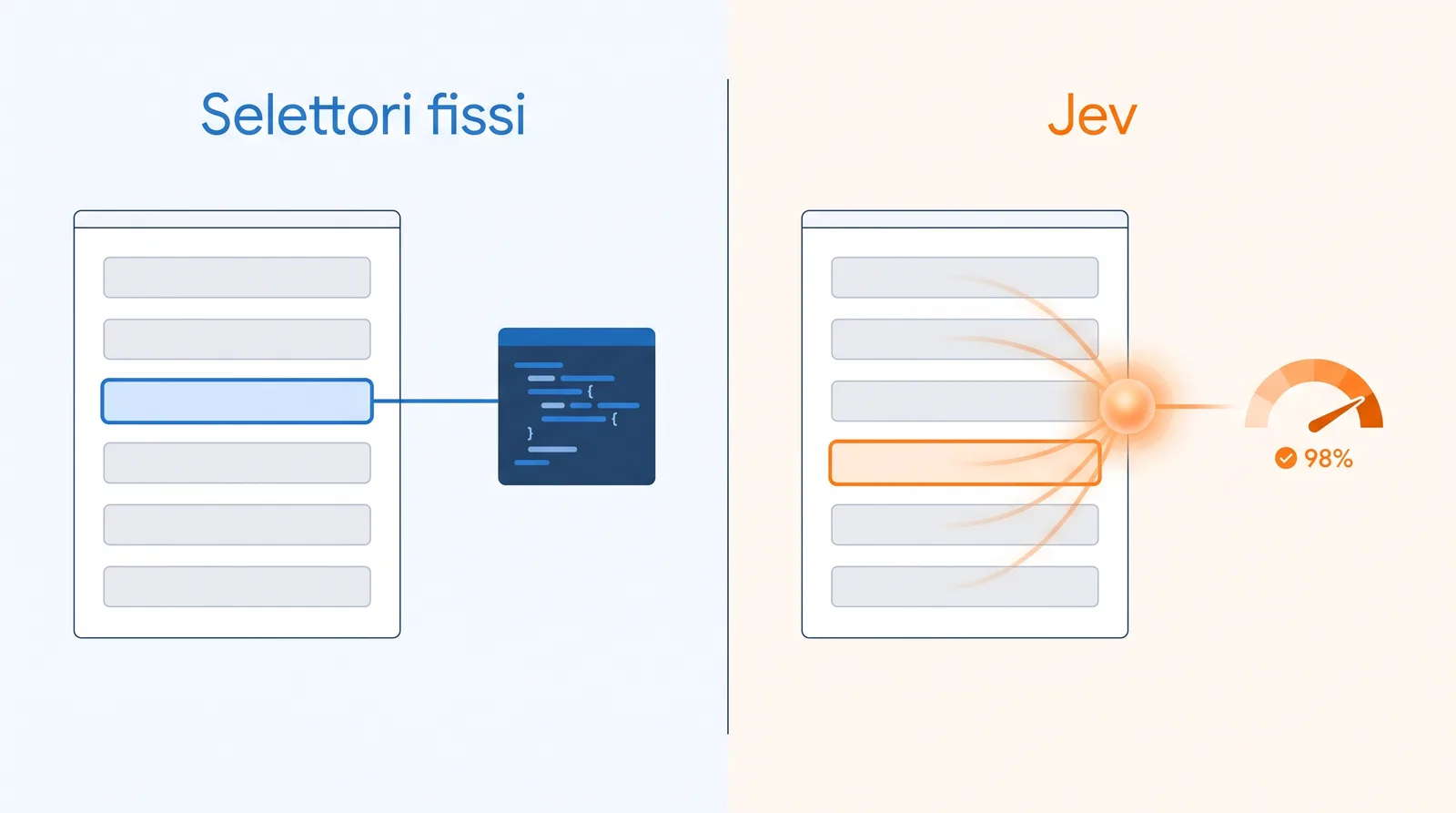 Schema a confronto: test con selettori fissi collegati al codice del tema, e test con Jev che sceglie il campo giusto del form con un indicatore di confidenza