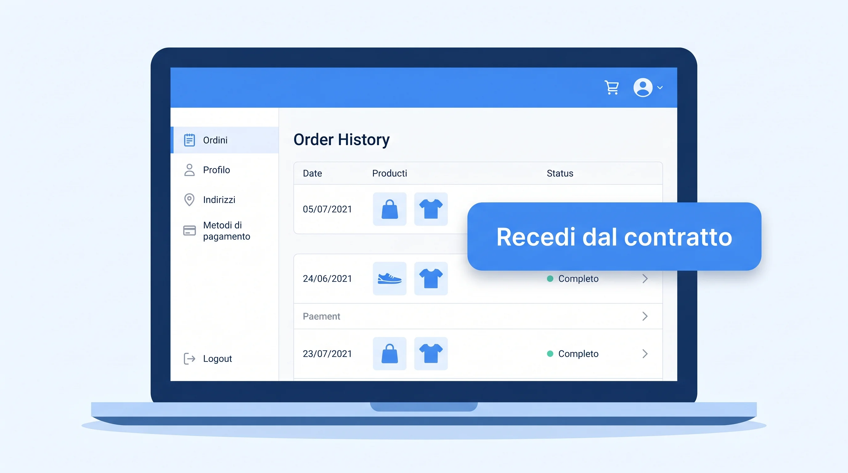 Area cliente di un e-commerce con il pulsante 'Recedi dal contratto' visibile nello storico ordini