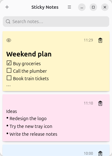 The Sticky Notes+ notes list: search bar and colored note cards with their time and a delete button
