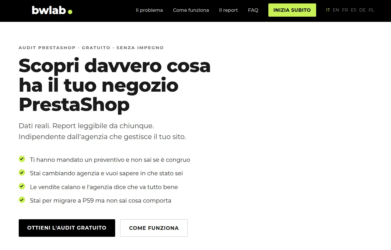 Homepage della piattaforma AuditXpert per l'audit gratuito di PrestaShop