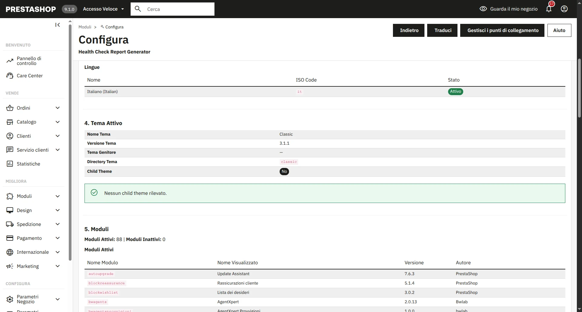 Schermata di configurazione del modulo bwhealthcheck nel Back Office PrestaShop 9.1